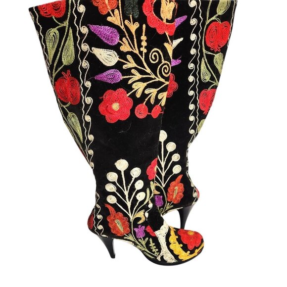 Vintage Bohemian High Heel Knee Boots W Colorful Floral Embroidery Eu/39 US W/8 - Picture 2 of 10